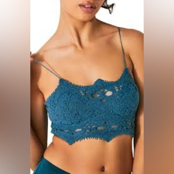 Free People FP One Athena Scallop Crochet Bralette Crop Top Boho Teal Blue Sz M - Picture 2 of 11